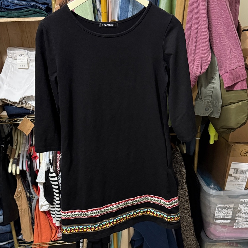 Thanth Chic Black Boho Dress With Colorful Embroidery. Size Small.